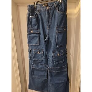 Fashion Nova Baggy High Rise Cargo Jeans Utility Size 15 Cotton Gorpcore Grunge